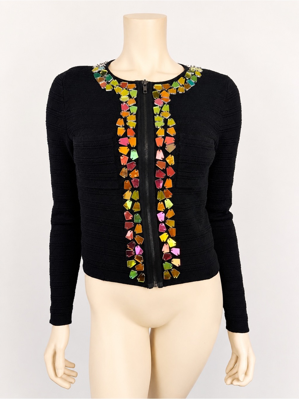 Catherine Malandrino 100% Wool Black Zip Knit Cardigan with Gem Accents